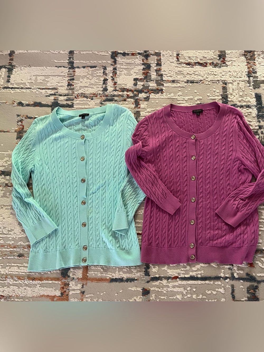 Talbots Cable-Knit Cardigan Duo —turquoise and purple